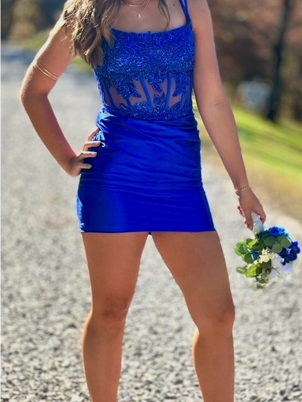 Blue Lace-Detail Satin Homecoming Dress